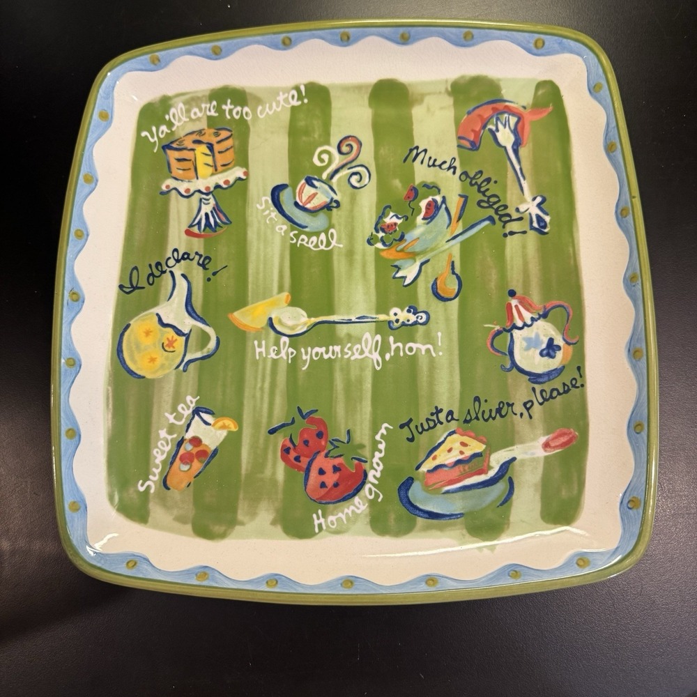 11" Square Platter Becky Denny‎ Southern Living Sayings Plate Blue/Green Ceramic